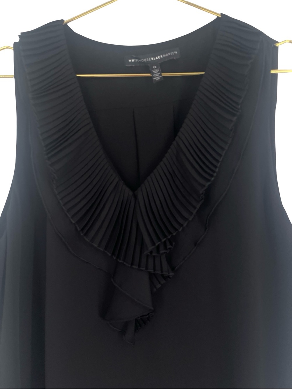 White House Black Market Black Pleated V-Neck Ruffle Camisole size 12 WHBM top - Picture 2 of 6